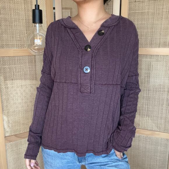 Free people Maeve wine ribbed long sleeve stitch top Henley size large - Picture 1 of 6